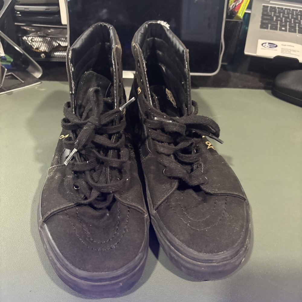 Vans Sk8-Hi Black High Tops Custom Painted Gold OVO Owl & Cat Size: 10.5